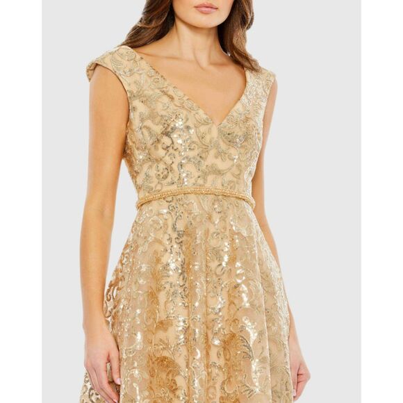 Mac Duggal Gold Sequined V Neck Cap Sleeve Dress Size 14 Midi Dress 68012 New - Picture 5 of 9